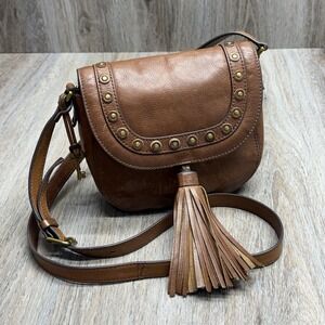 Fossil Emi Crossbody Brown Leather Tassel Saddle Bag Studded Boho Distressed